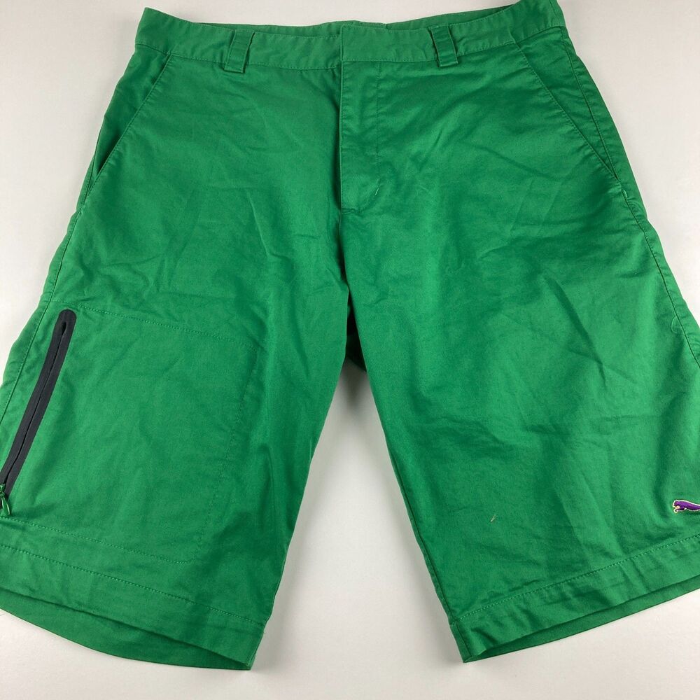 Puma Mens 32 Green Golf Shorts Stretch Zip Pocket Purple Logo 12" Inseam